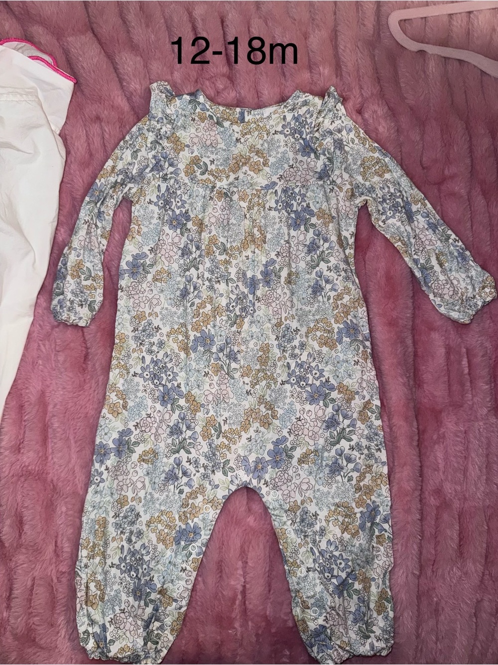 Angel Dear Floral Long-Sleeve Romper in Blue & Tan